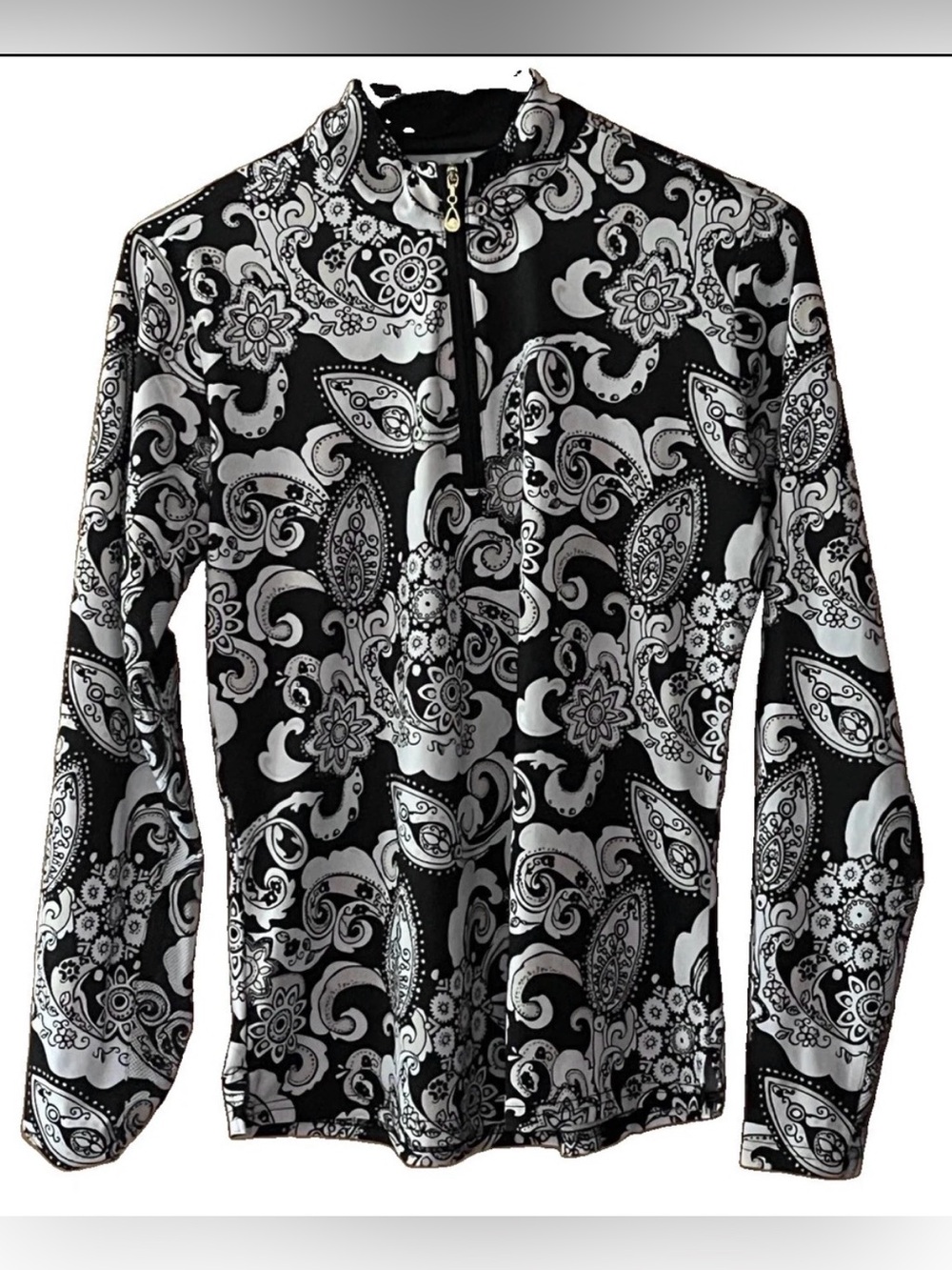 San Soleil Women's Small 1/4 Zip Vented Long Sleeve Floral Top Black White Tan